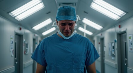 A doctor wearing blue scrubs and a surgical mask stands in a dimly lit hospital corridor. Tears fill his eyes as he reflects on the emotional toll of his profession, facing the challenges of patient