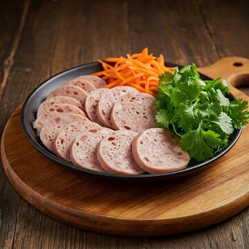 chả lụa,  chả da Vietnamese pork sausage, sliced thinly, on a black background, served with pickled carrots and fresh cilantro.	