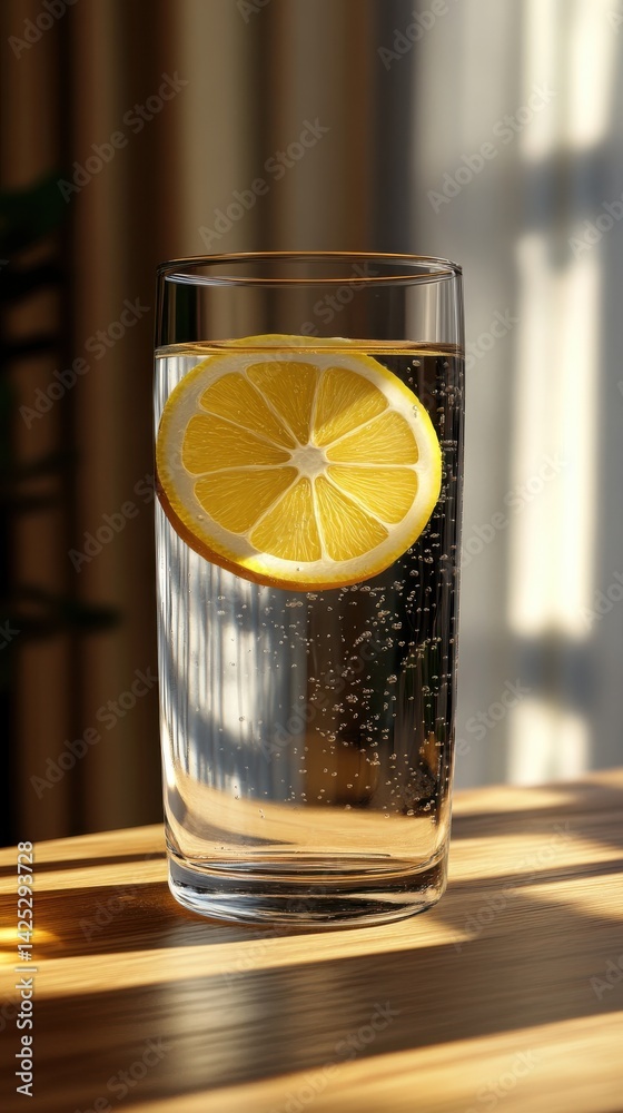 Poster refreshing lemon water: close-up of a glass with lemon slice and bubbles on a wooden table, lit by n