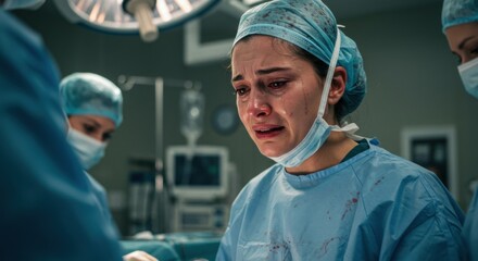 Under the bright lights of a hospital operating room, a medical professional shows deep emotion as tears stream down her face. She wears surgical scrubs and a mask, surrounded by fellow team members