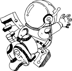 astronaut cartoon character in space, black and white