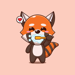 Fototapeta premium Cute red panda cartoon vector illustration brushing teeth