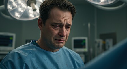 In a hospital operating room, a surgeon is visibly upset, tears streaming down his face. Wearing light blue scrubs, he stands under bright overhead surgical lights, surrounded by medical equipment and