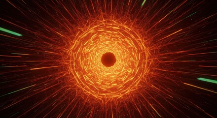 A mesmerizing visual captures the essence of a black hole, depicting a central dark sphere enveloped by rapidly radiating energy. Bright orange and yellow lines extend outward, creating a sense of
