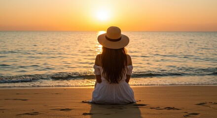 A woman sits quietly on the sandy beach, gazing at the breathtaking sunset over the calm ocean waters. The orange and pink hues of the sky reflect beautifully on the water's surface. Dressed in a