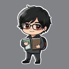 Anime Chibi Boy with Glasses Holding Books