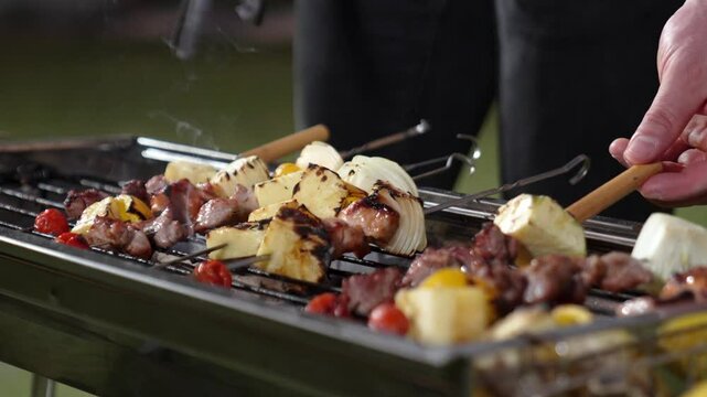 Grilled food of family celebration anniversary. Family have dinner party in garden. Outdoor camping activity relax with tasty food and spend time with cute relatives cross generation gap. Divergence.