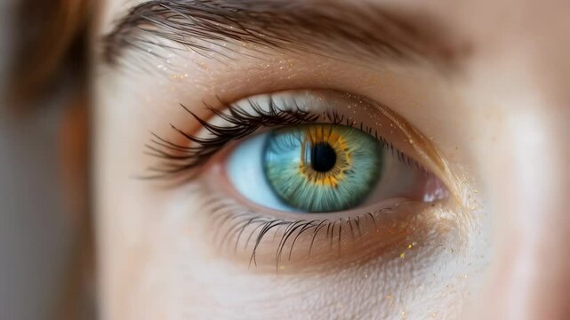 Close up of a blue eye with golden glitter around. Woman blinking eye slow motion. Detail on female face with beautiful eyelashes, eyebrow motion video. Beauty and vision concept clip.