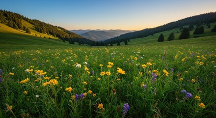 In a lush meadow, a myriad of wildflowers bursts into color as the sun sets behind the rolling hills. The landscape is dotted with yellow, purple, and white blossoms, creating a stunning contrast