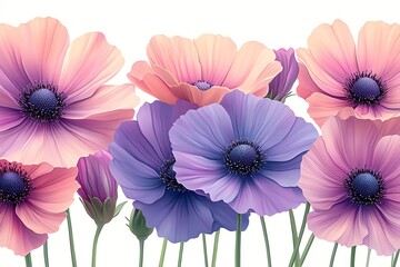 Fototapeta premium Pastel Flower Arrangement with Pink and Purple Anemones Isolated on White