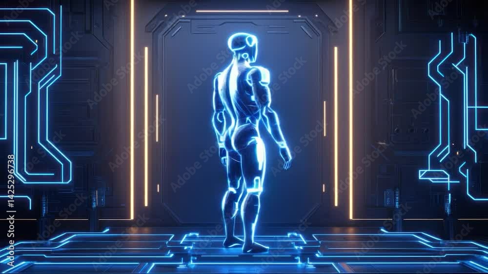Poster futuristic robot model with glowing blue lines.
