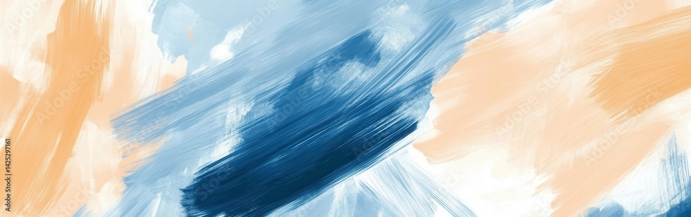 Poster pastel abstraction with smooth brush strokes in light blue, dark blue, and peach color palette