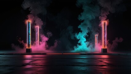 3D rendering old wet asphalt neon lights street with smoke on black background