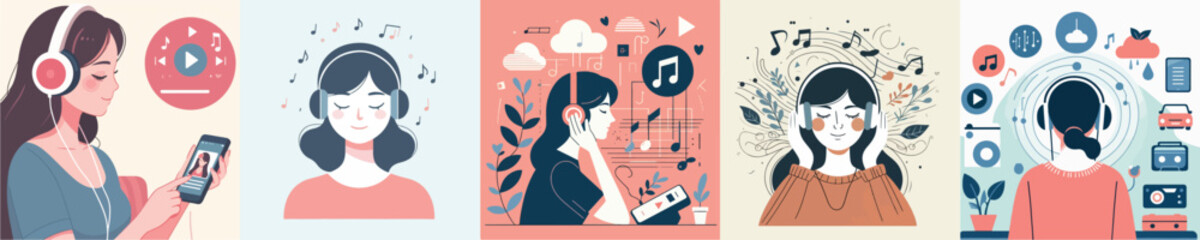 vector image of woman listening to music
