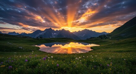 Colors of orange and purple fill the sky as the sun sets behind majestic alpine peaks. The tranquil lake mirrors the stunning hues, creating a breathtaking view. Lush green meadows dotted with
