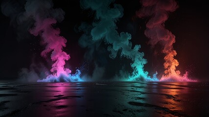 3D rendering old wet asphalt neon lights street with smoke on black background