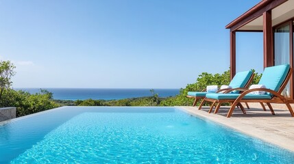 Obraz premium Scenic View of Infinity Pool Overlooking Ocean and Green Landscape