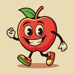 Groovy apple mascot. Funky retro character. cartoon apple, smiling, walking. Funny vintage trendy style character. Doodle Comic collection 
