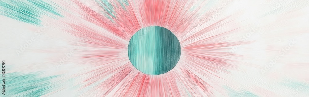 Aufkleber minimalist composition with circular motif and radial pencil strokes in teal and coral
