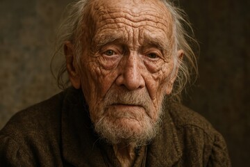 An elderly man with a weathered face and deep-set wrinkles stares intently, conveying a lifetime of stories and experiences. His worn clothing adds to the sense of history and resilience. Soft