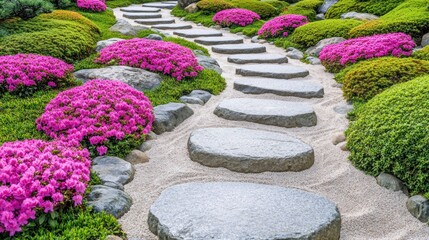 Zen garden path with pink flowers