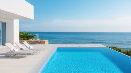 Fototapeta premium Modern Villa Pool with Ocean View and Clear Blue Sky