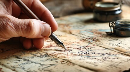 Handwriting on an Oil-Stained Map Highlighting the Spirit of Exploration and Adventure in Uncharted Territories