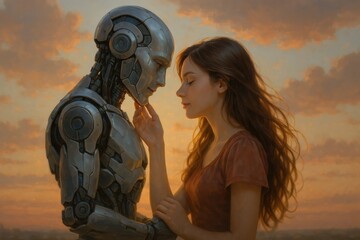 In a tranquil landscape under a vibrant sunset, a humanoid robot and a young woman share an intimate moment. The robot, with a sleek metallic finish, gently holds the woman's face as she gazes back