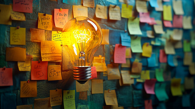 Big yellow light bulb drawing is surrounded by colorful sticky notes with scribbles representing a brainstorming session