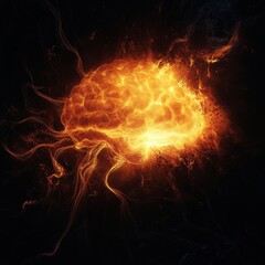A brain is depicted in a radiant glow, surrounded by swirling tendrils of orange and yellow hues. The glow suggests an intense source of energy, representing creativity, intelligence, and thought. The