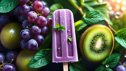 Photorealistic Summer Treat Featuring Kiwi and Grape Popsicle