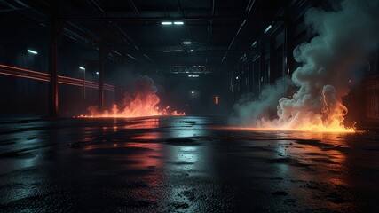 3D rendering old wet asphalt neon lights street with smoke on black background