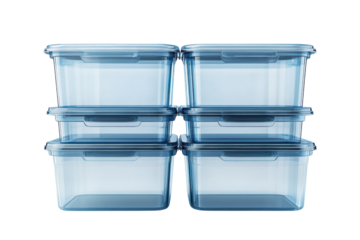 Stack of six clear plastic storage containers on a black background perfect for organizing kitchen pantry fridge or freezer items Modern on transparent background
