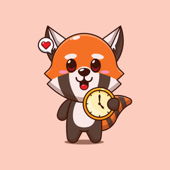 Cute red panda cartoon vector illustration with clock