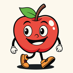 Groovy apple mascot. Funky retro character. cartoon apple, smiling, walking. Funny vintage trendy style character. Doodle Comic collection 