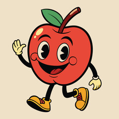 Groovy apple mascot. Funky retro character. cartoon apple, smiling, walking. Funny vintage trendy style character. Doodle Comic collection 
