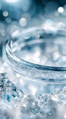 A close-up of a clear glass ring surrounded by sparkling crystals and blurred lights.