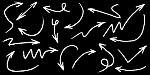 collection of hand drawn white arrows on a black background, perfect for presentations, infographics, and creative projects.