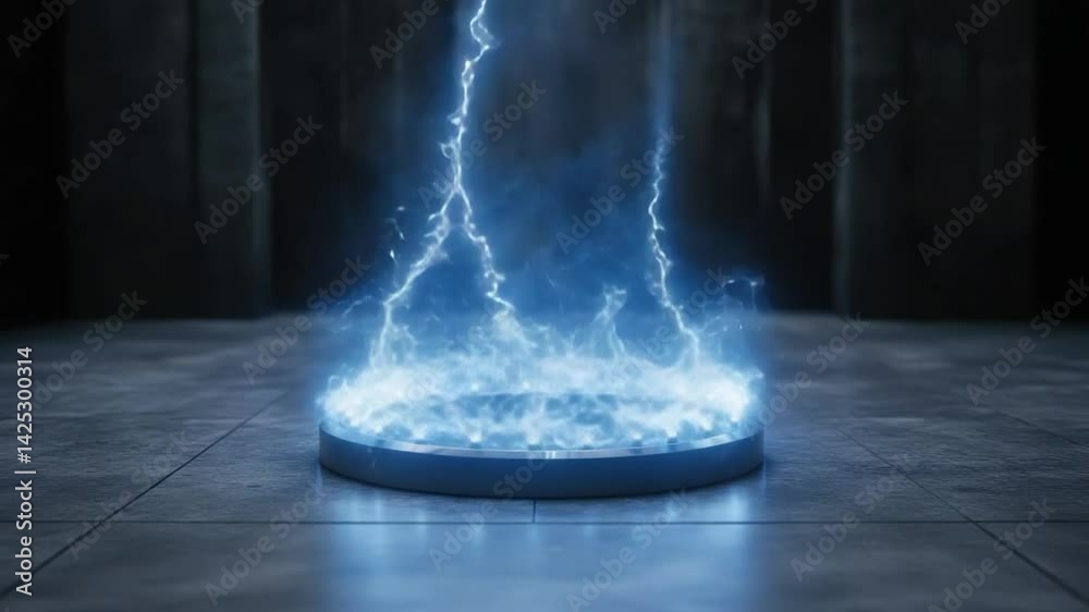 Poster circular platform energized by a powerful lightning bolt.