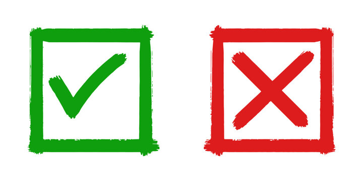 Set of flat design icons showing a green check mark and a red cross. These symbols are commonly used to represent correct vs. incorrect, approval vs. rejection, and right vs. wrong concepts.