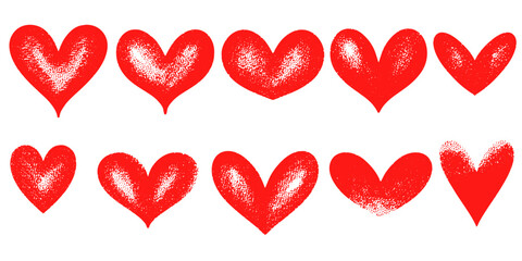 collection of hand drawn red heart illustrations in various styles and shapes.