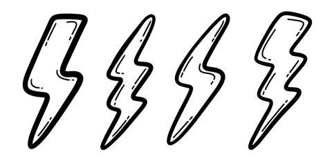 Hand drawn lightning bolt icon set in doodle style. perfect for use in graphic design, stickers, web elements, and illustrations. Sketch style electric symbols with a fun and creative look.