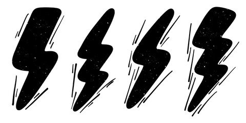 Hand drawn lightning bolt icon set in doodle style. perfect for use in graphic design, stickers, web elements, and illustrations. Sketch style electric symbols with a fun and creative look.