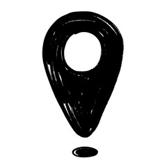 Hand drawn location pin icon in doodle style. This black and white sketch represents a map pointer used for marking places, GPS, and navigation.
