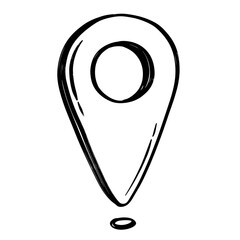 Hand drawn location pin icon in doodle style. This black and white sketch represents a map pointer used for marking places, GPS, and navigation.