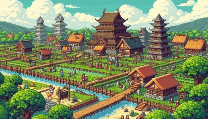 Obraz premium Village old ancient pixel art digital illustration farm background landscape