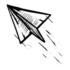 Hand drawn doodle of a flying paper plane icon. This black and white sketch style illustration is perfect for creative concepts such as freedom, travel, imagination, or communication.
