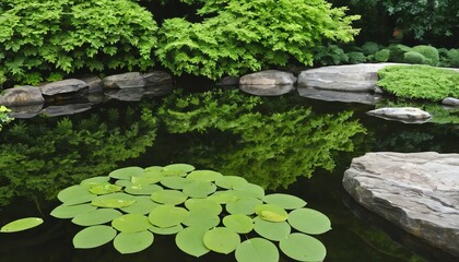 Serene Pond with Lily Pads and Lush Green Foliage Reflecting in Calm Water a Peaceful Garden Oasis