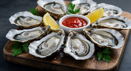 Oysters on Wooden Board with Lemon and Sauce