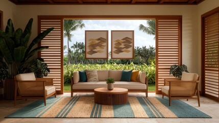 Cozy modern living room with tropical view and stylish decor